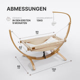 Abmessungen: Liegefläche 90 x 44 cm, Gestell 150 x 66 cm, max. 15 kg, 0–9 Monate