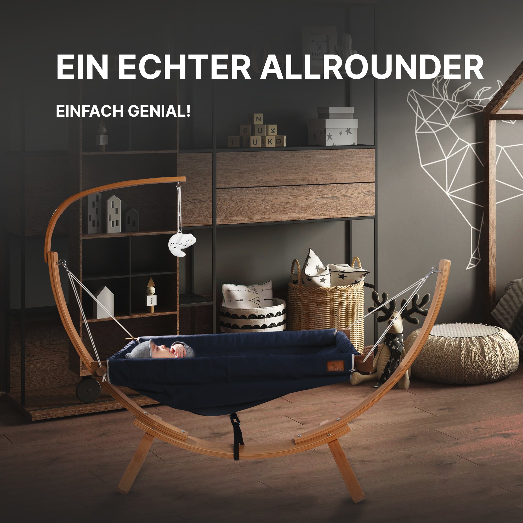 Baby schläft in der CHILDOO Hängematte Blau im Kinderzimmer