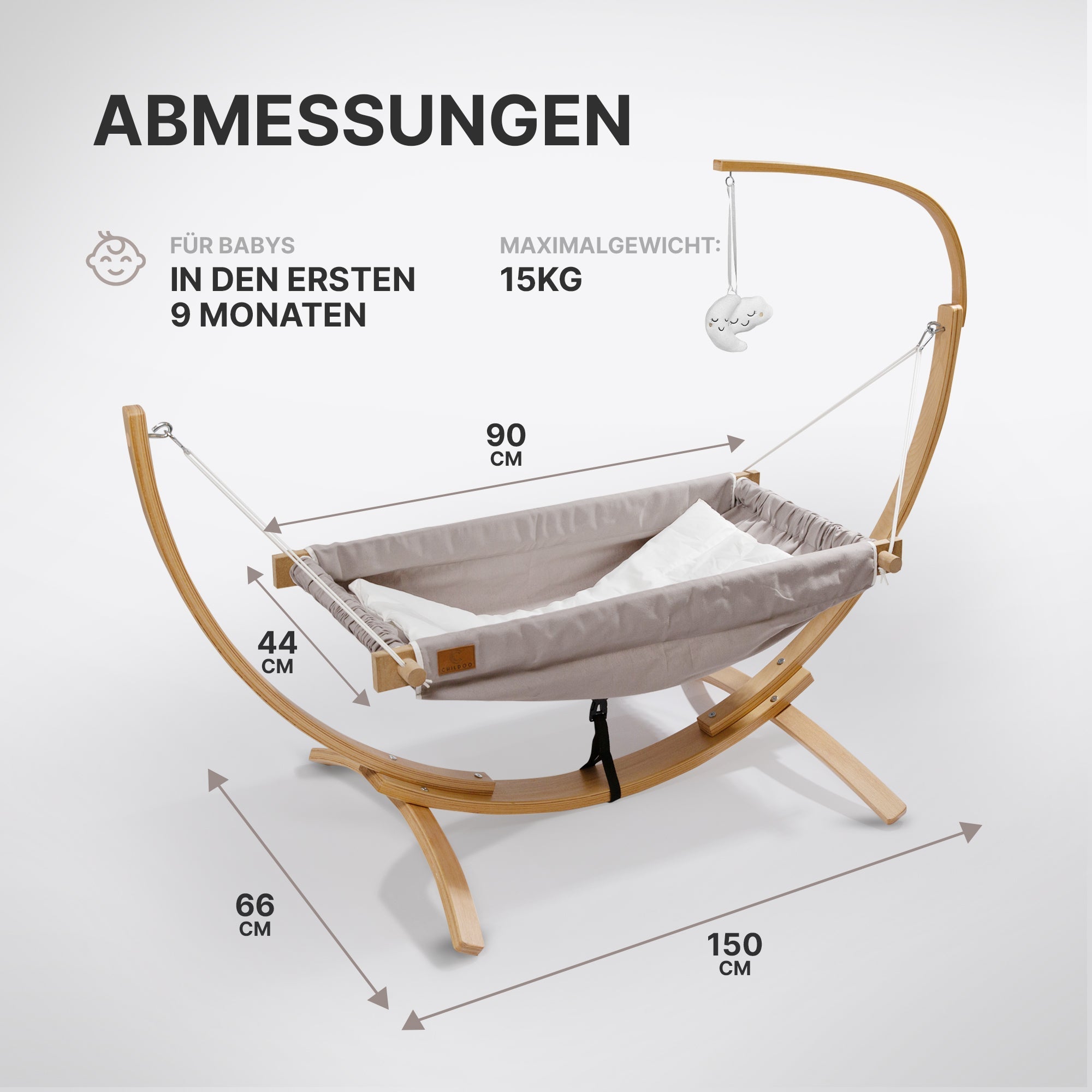 Abmessungen: Liegefläche 90 x 44 cm, Gestell 150 x 66 cm, max. 15 kg