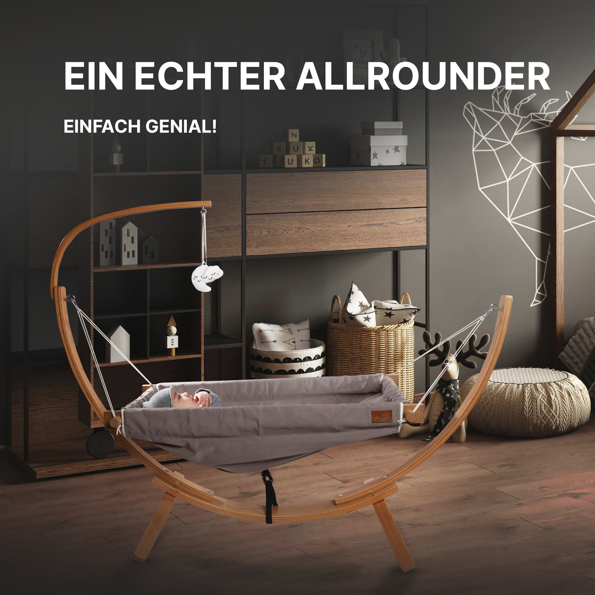 Baby schläft in der CHILDOO Hängematte Grau im Kinderzimmer