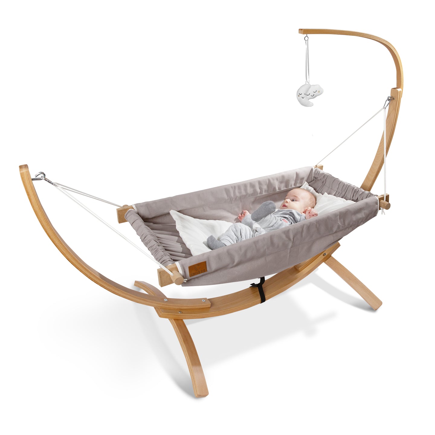 CHILDOO Baby Hängematte Grau mit Birkenholz-Gestell und Mobile